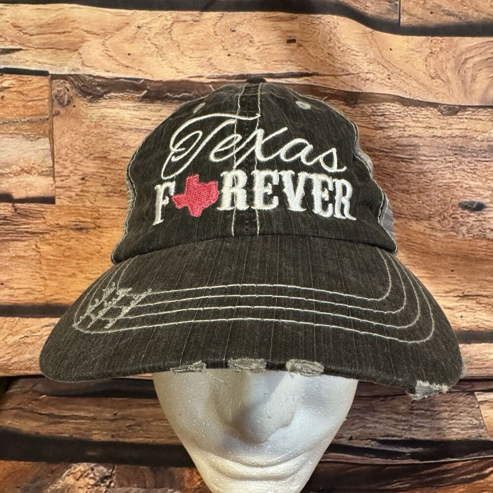 Katydid Texas Forever Distressed Trucker Hat Grey Mesh Embroidered Baseball Cap